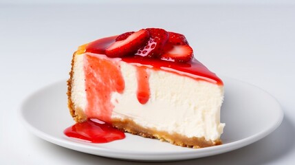 Delectable slice of rich and creamy New York style cheesecake topped with fresh juicy strawberries on a simple white background