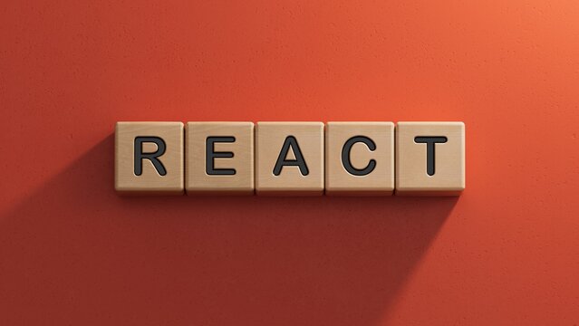 text react javascript library.close up of wooden elements,Business Concept.3D rendering on red background.