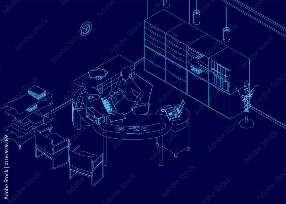 Poster blue drawing of a room with a desk and a chair. the desk has a keyboard and a mouse. a clock is on t