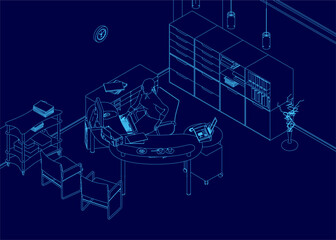 Blue drawing of a room with a desk and a chair. The desk has a keyboard and a mouse. A clock is on the wall