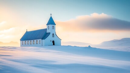 White Church on Snowy Landscape at Sunrise