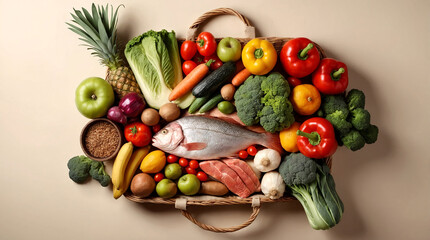 Grocery Shopping Concept Fresh Meat, Fish, Fruits, and Vegetables