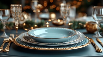 Obraz premium Elegant Festive Dinner Place Setting With Gold Accents