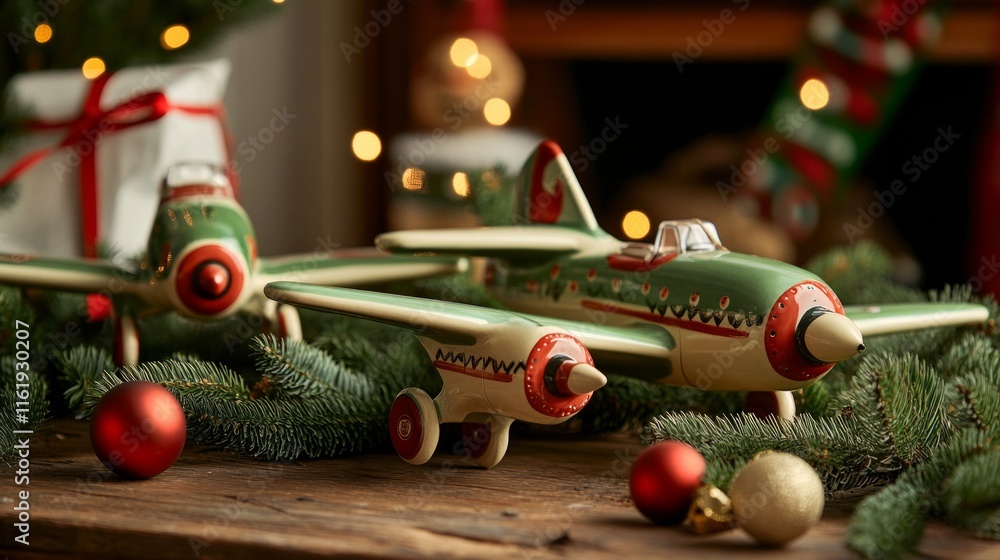 Poster two small airplanes are on a table with a christmas tree and a bunch of red