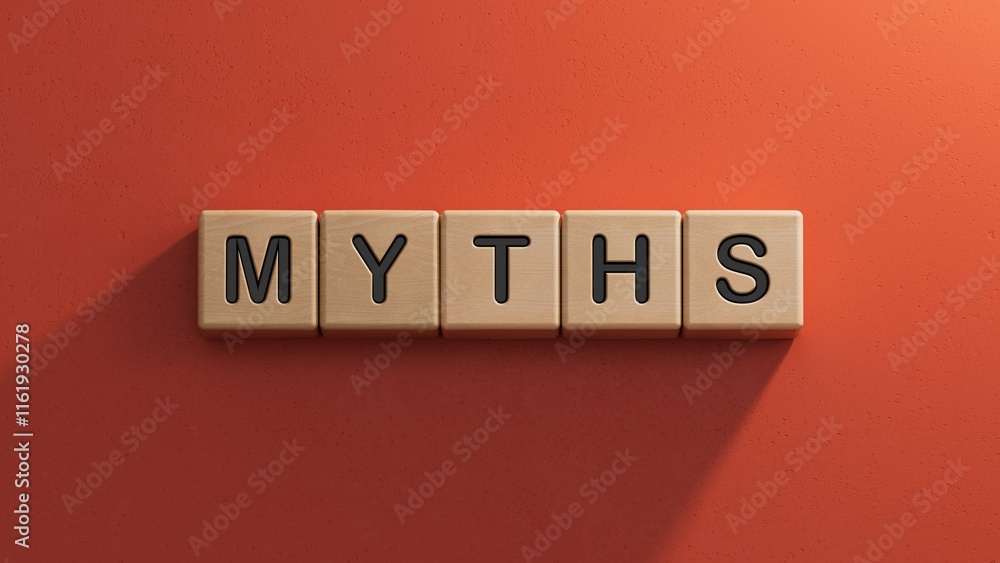 Poster myths word made with building blocks. a row of wooden cubes with a word.close up of wooden elements,