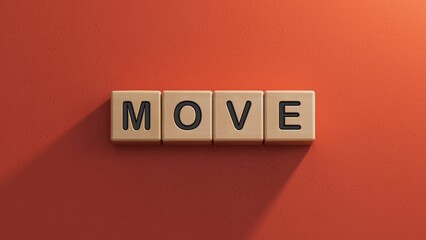 MOVE, word cube with white background.close up of wooden elements,Business Concept.3D rendering on red background.