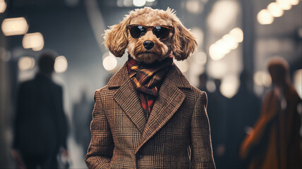 Sophisticated dog wearing brown suit and sunglasses in urban setting, Fashionable surreal pet lifestyle portrait
