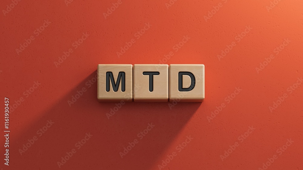 Poster mtd concept on wooden cubes.close up of wooden elements,business concept.3d rendering on red backgro