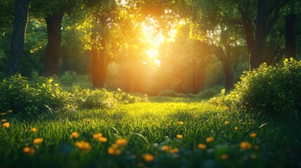 Sunlit forest path with lush green grass and wildflowers.