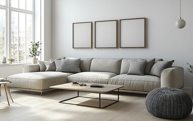 Fototapeta premium Modern living room interior with beige sectional sofa, coffee table, three framed pictures, and pouf.