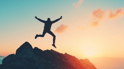 Obraz premium Jumping into adventure sunrise mountain exploration nature photography outdoor serenity inspirational view