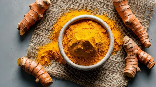 Video footage of bowl of vibrant yellow turmeric powder surrounded by fresh turmeric roots on a burlap cloth, showcasing the spice's natural form and ground state