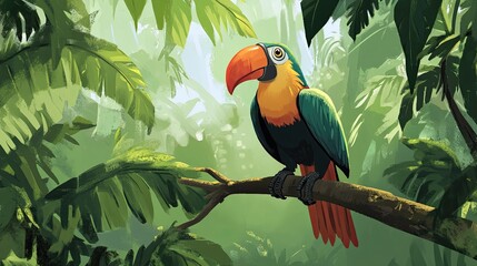 Obraz premium Colorful Toucan Perched on Branch in Lush Tropical Forest
