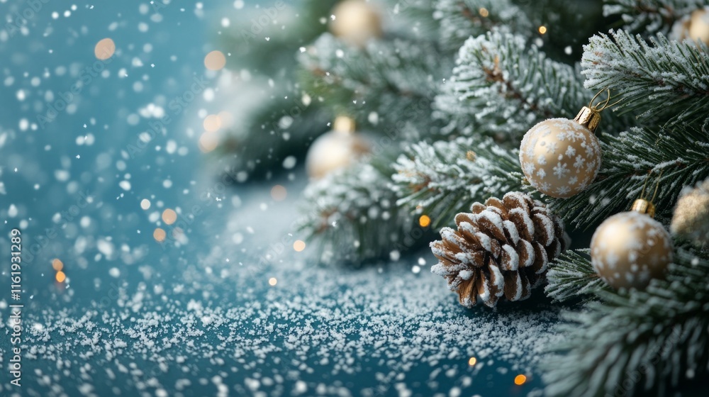 Poster a tree with snow on it and a pine cone on the ground