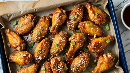 Video footage of tray of glazed chicken wings garnished with sesame seeds and chopped green onions, arranged on parchment paper with a small bowl of dipping sauce - Powered by Adobe