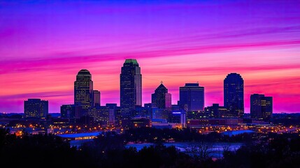 Fototapeta premium Vibrant Sunset Skyline Cityscape Illuminates Buildings