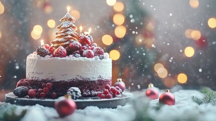 A cake with a tree on top and red berries