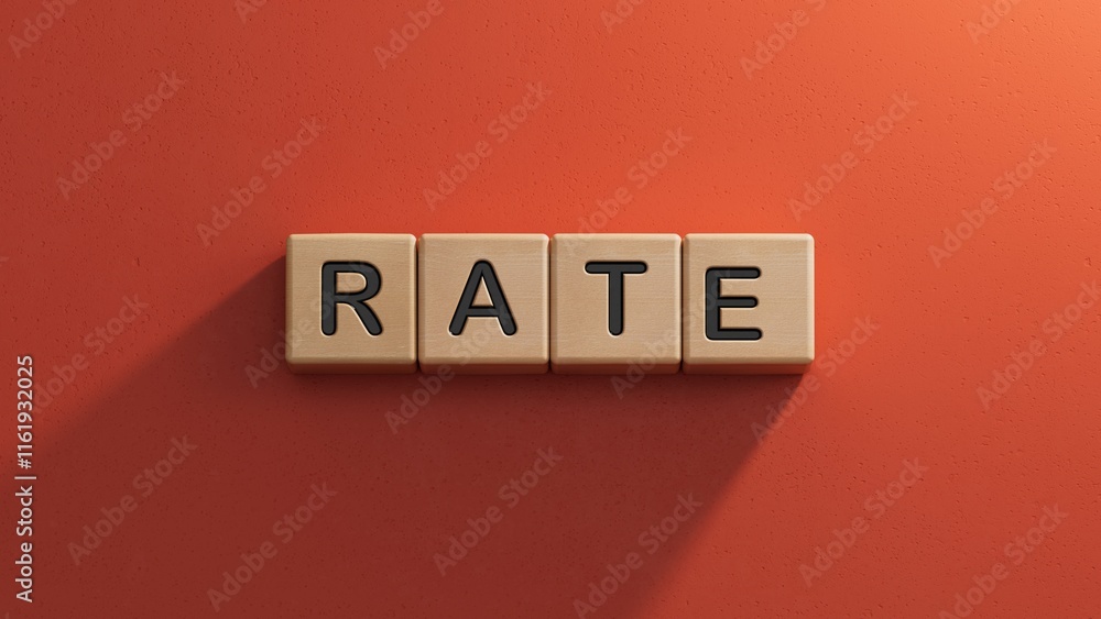 Poster rate word written in wooden cubes on notebook with pen.close up of wooden elements,business concept.