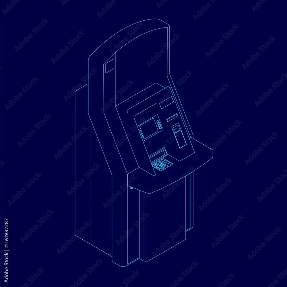 Poster blue drawing of a bank machine with a screen and a slot for coins. the machine is designed to accept