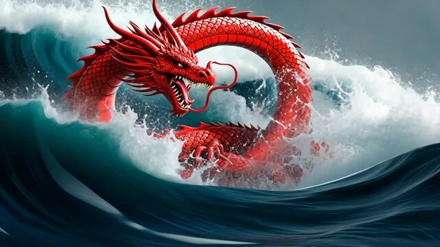Video footage of vibrant red dragon emerges from tumultuous ocean waves, creating a striking contrast between the mythical creature and the powerful sea