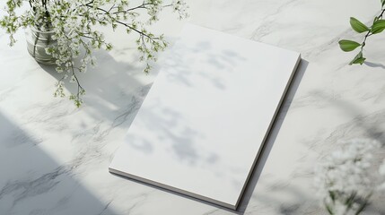 Blank white paper on marble table with flowers and shadows.