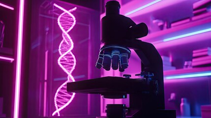 Fototapeta premium Modern Laboratory Microscope with Neon Lighting and DNA Helix