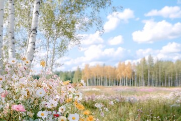 Obraz premium A serene landscape filled with colorful wildflowers and trees under a blue sky.