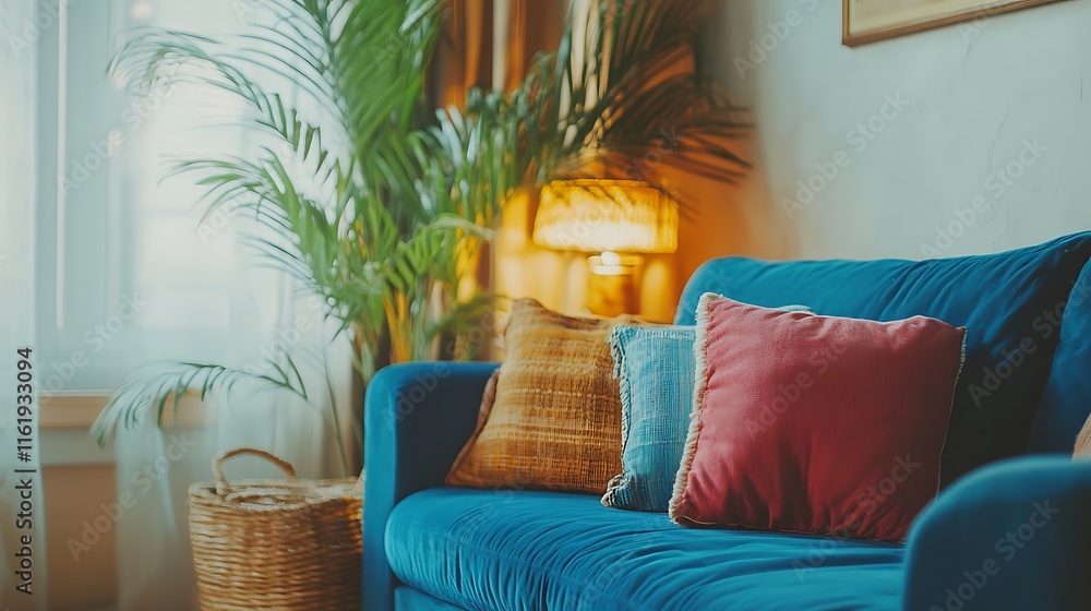 Wall mural Blue Velvet Sofa with Colorful Pillows and a Palm Plant