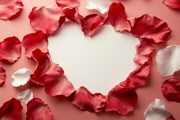 Romantic Heart-Shaped Frame Made of Red and White Rose Petals for Valentine's Day Celebrations and Special Occasions Featuring a Blank Center for Custom Messages