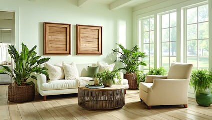 Fototapeta premium Bright living room with cream sofa, armchair, coffee table, potted plants, and large windows.