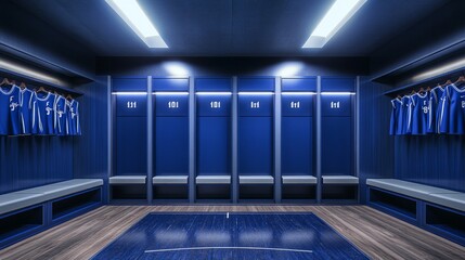 A blue locker room with a basketball court