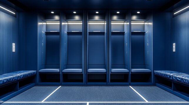 A blue locker room with five lockers
