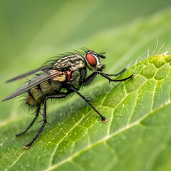 the tiny hairs on a fly s legs as it rests on a le