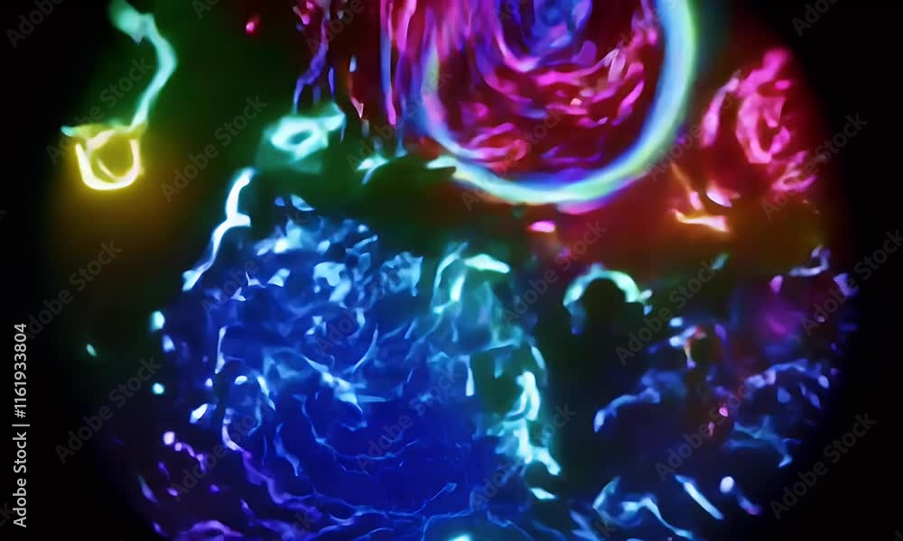 Poster a vibrant abstract composition featuring swirling iridescent patterns in dynamic colors, blending hu