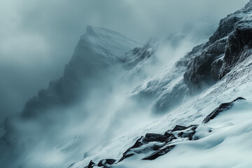 Mysterious mountain landscape shrouded in fog, nature's majesty