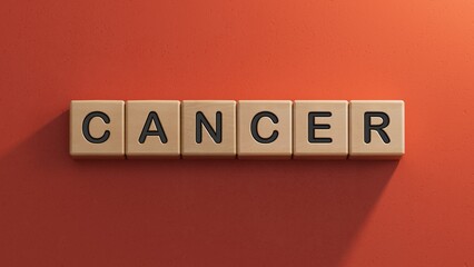 Text CANCER on wooden cubes. Square wood blocks. Top view, flat lay.close up of wooden elements,Business Concept.3D rendering on red background.