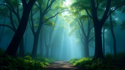 A dense forest with mist and cool blue-green light filtering through the trees