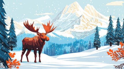 Majestic Moose in Winter Wonderland: A Serene Snow-Covered Mountain Landscape