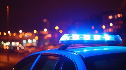 Blue light flasher atop of a police car. City lights on the background
