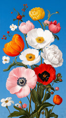 Bright wild flowers against a fresh blue background poster.
