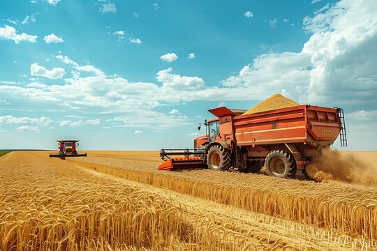 Combine harvester working on wheat field