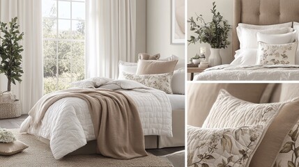 A bed with a white comforter and brown pillows