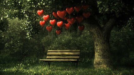 Obraz premium Heart-Shaped Balloons Hanging from Tree Branches in a Forest Scene