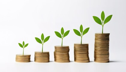 coin stack money saving concept. green leaf plant growth on rows of coin on white background. money matters tips to investment and business financial banking for Financial Wellness.