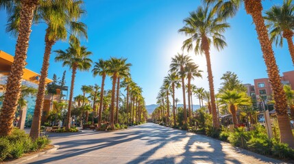 Fototapeta premium Sunlit Palm Tree Lined Pathway Urban Oasis