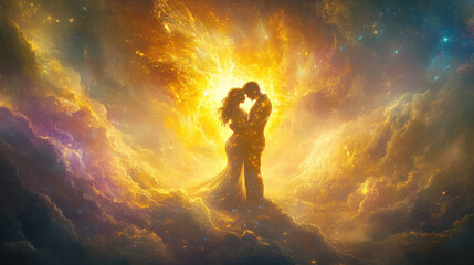 Obraz premium A heartfelt portrayal of eternal love, a glowing celestial figure lifting a human figure in an embrace, the background alive with golden hues
