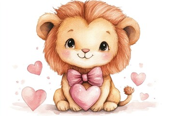 Cute lion cub holding a pink heart with a bow: watercolor illustration