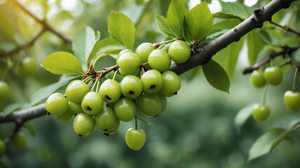 Close-Up Photo of Ripe Green Sweet Cherry Tree Branches