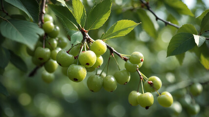 Close-Up Photo of Ripe Green Sweet Cherry Tree Branches