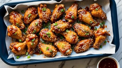 Video footage of Golden, crispy chicken wings glazed with a sticky, sweet sauce, garnished with sesame seeds and chopped green onions, served in a blue tray lined with parchment paper - Powered by Adobe